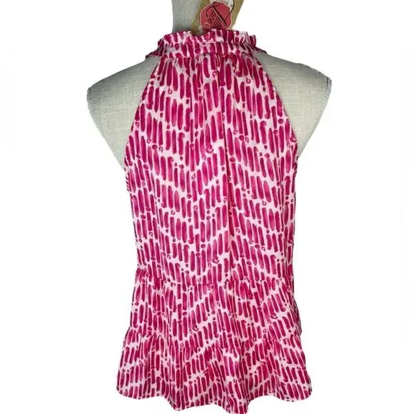 Skies Are Blue Pink Preppy Chevron Watercolor Halter Tiered Babydoll Tank Top - Picture 5 of 7